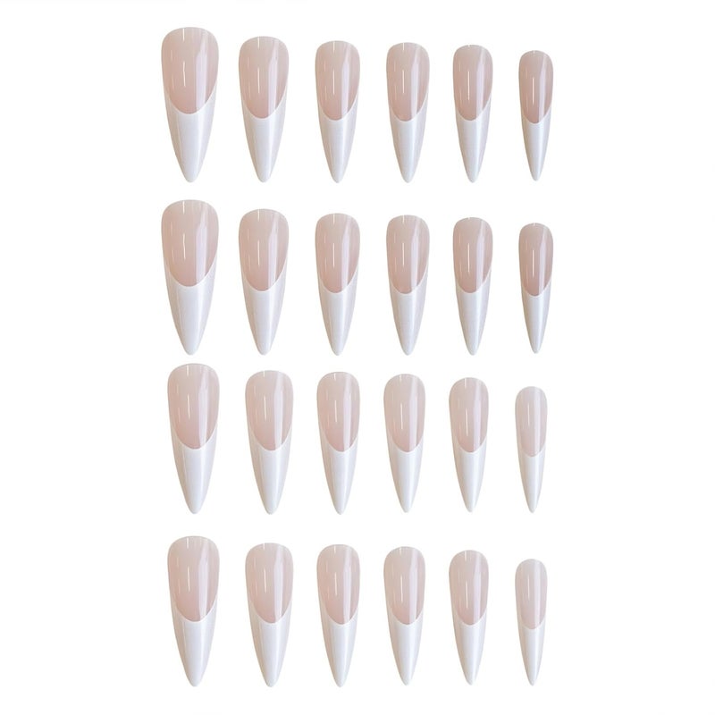 SINHOT French Tip Press on Nails Long Stiletto Fake Nails Pearly White Acrylic Nails Glossy Glue on Nail Almond Artificial Nail Stick on False Nail with Design 24 pcs - Image 4